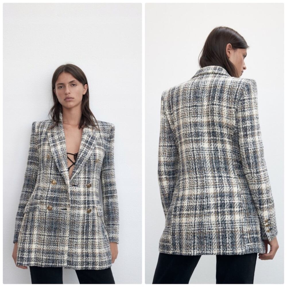 Zara Women's Casual‎ Plaid Double-Breasted Texture Suit Jacket Size M